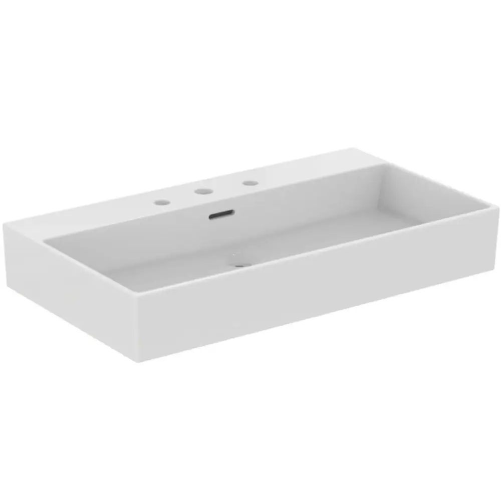 Weißer Waschtisch von Ideal Standard mit drei Bohrungen für Armaturen und mittigem Abfluss, rechteckige Form ohne Unterschrank für Badezimmer.